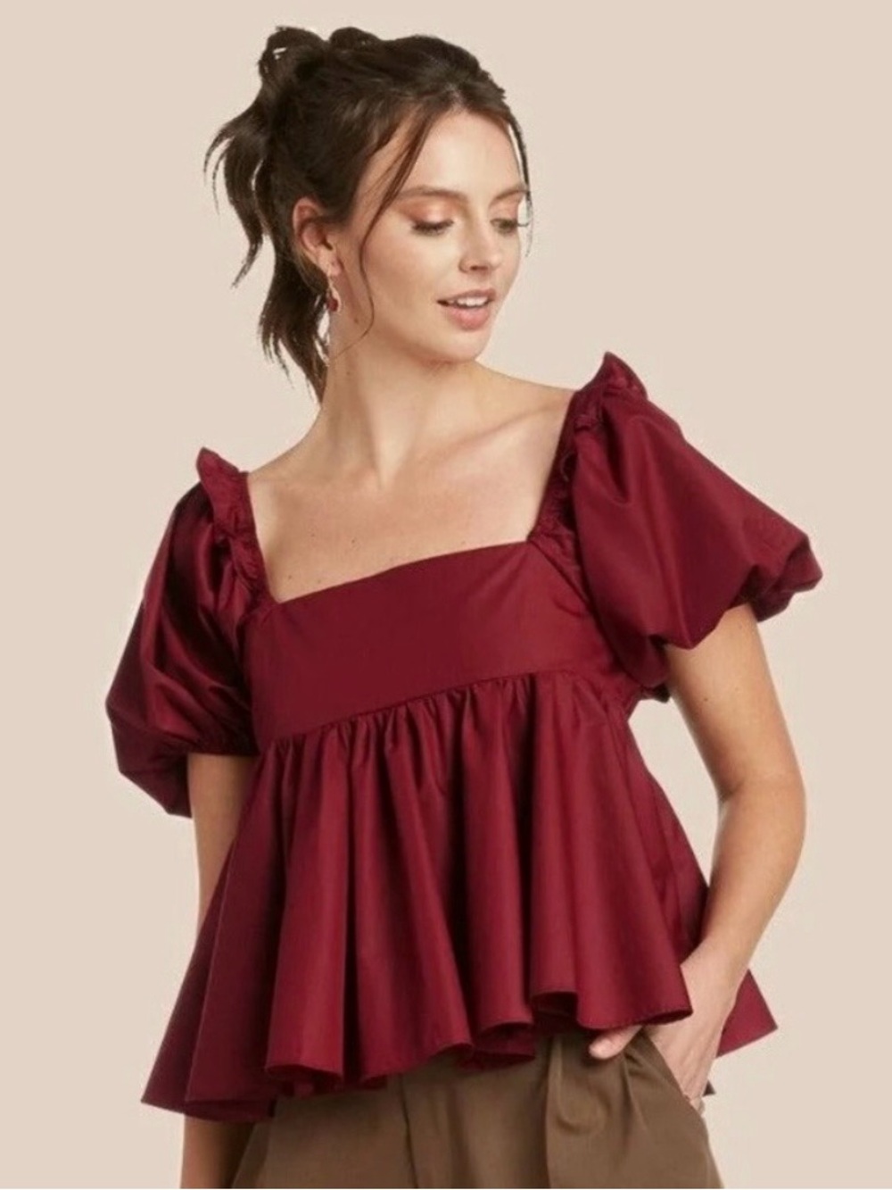 En Saison Puff Sleeve Babydoll Top w/Tie Back, Burgundy, Size Small